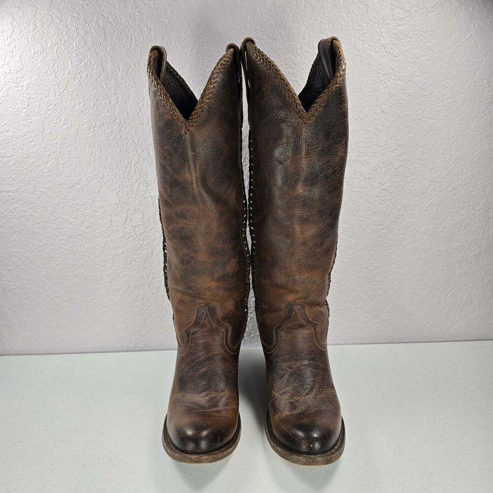 Lane Plain Jane Boots Womens 8 Brown Leather Western Tall Knee Cowgirl Braided - Picture 2 of 11